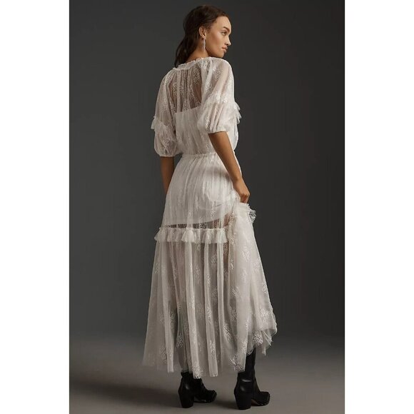 NWT Anthropologie Let Me Be Short-Sleeve Ruffle Maxi Dress L Lace White Romantic - Picture 4 of 11